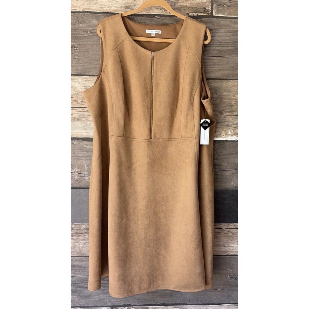 NWT Sandra Darren Carmel Sleeveless Faux Suede Zip Front Fit&Flare Dress Sz 24W